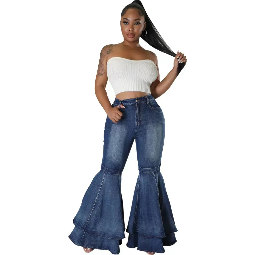 Fashion Versatile Wide Leg Washed Denim Stretch Flared Pants Women