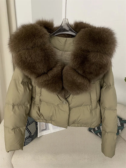 OFTBUY 2025 Big Natural Real Fox Fur Coat Women Autumn Winter Female 90% White Duck Down Jacket Feather Short  Coat Thick Warm