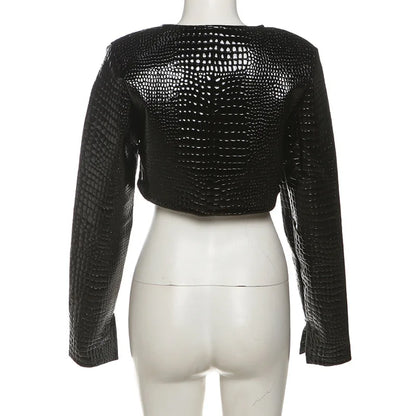 HLJ&GG Fashion Y2K Hot Girl Streetwear Women Leather Long Sleeve Crop Jacket+Bodysuits+Button Shorts 3 Piece Sets Outfits 2025