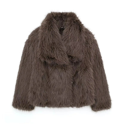 TRAFZA Female Vintage Artificial Fur Effect Coats Lapel Warm Plush Long Sleeves Hidden Buttons Autumn Winter Casual Outerwear