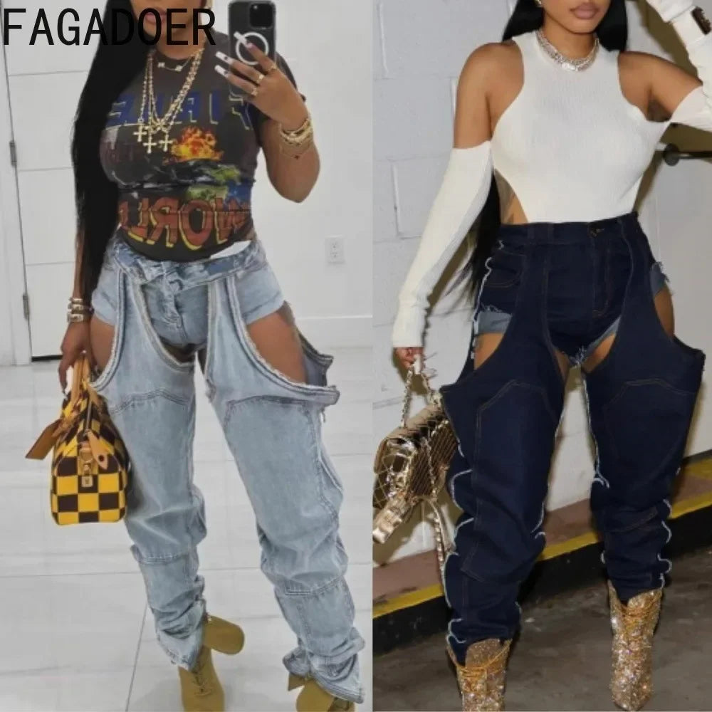 FAGADOER Hollow Out Sexy Denim Pants Women Irregular High Waist Cargo Patchwork Elasticity Jeans Hot Girl Y2k Streetwear Bottoms