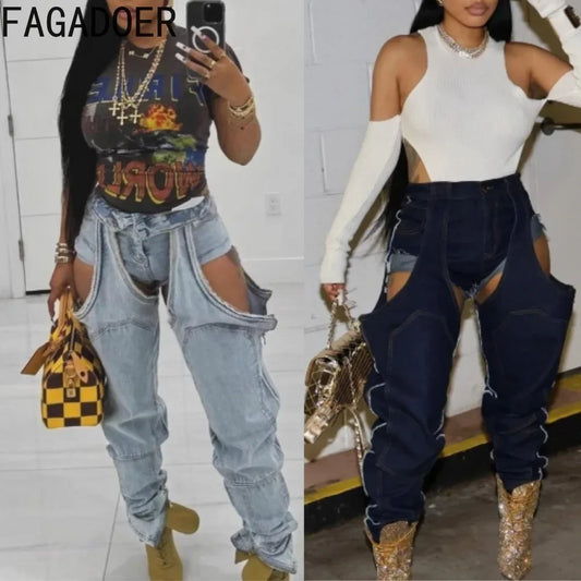 FAGADOER Hollow Out Sexy Denim Pants Women Irregular High Waist Cargo Patchwork Elasticity Jeans Hot Girl Y2k Streetwear Bottoms