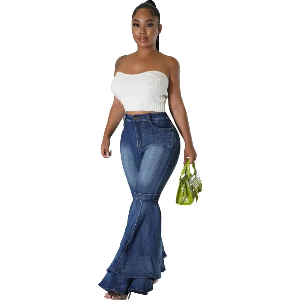 Fashion Versatile Wide Leg Washed Denim Stretch Flared Pants Women