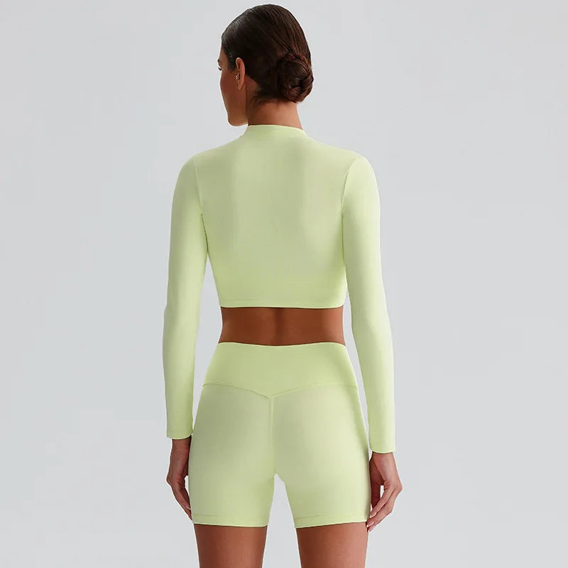 Customized LOGO Women's Skin-friendly Sports Yoga Clothing Slim Elastic Jacket Fitness Shorts Long Sleeve Two-piece Set