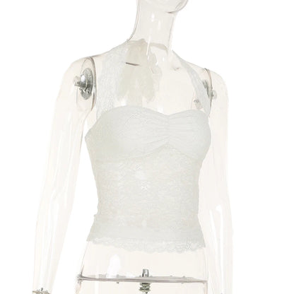 Cuteandpsycho Sexy Lace Patchwork Y2K Camisoles Backless Transparent Slim Outfits Party 90s Vintage Clubwear Halter Neck Tops
