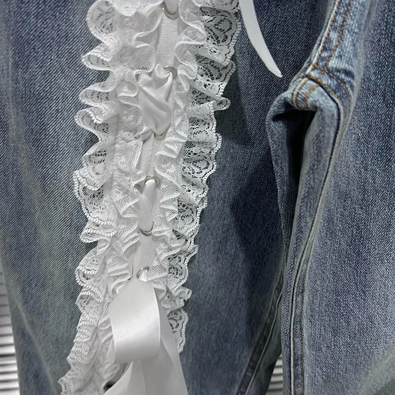 DEAT Women's Fashion Retro Lace Patchwork Denim Long Pants High Waist Wide Leg Jeans Female 2024 Arrival Winter New 11A02128