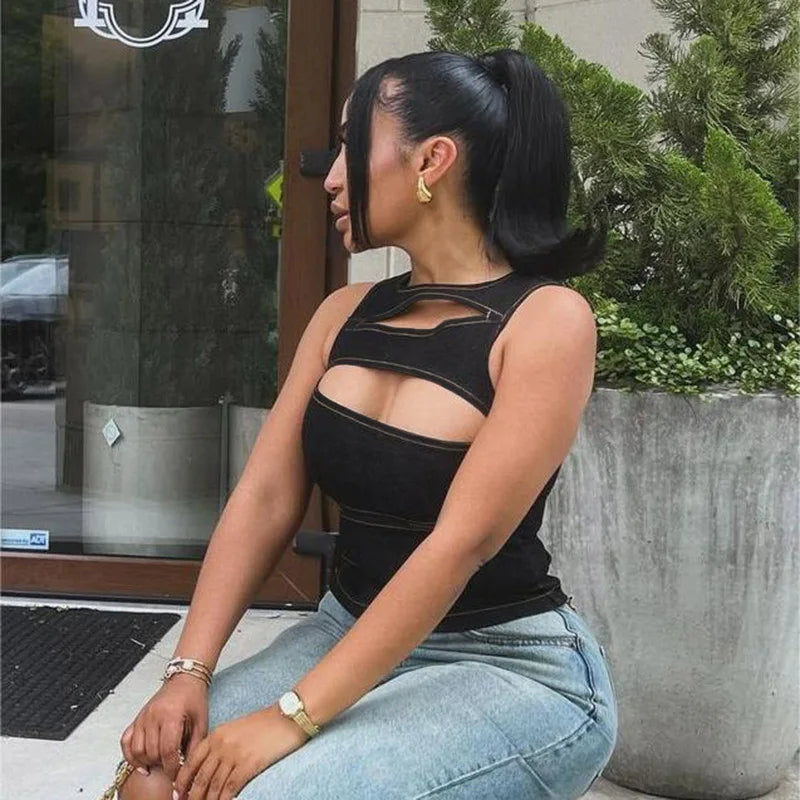 Women's Sleeveless Round Neck Vest Summer Solid Color Hollow Slim Vest Top Fashion Sexy Streetwear Women's Slim Vest Top