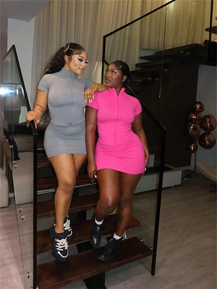 Weird Puss Casual Sporty 2 Piece Set Women Zip Cardigan Turtleneck Short Sleeve Tops+Skinny Mini Skirts Summer Trend Tracksuits