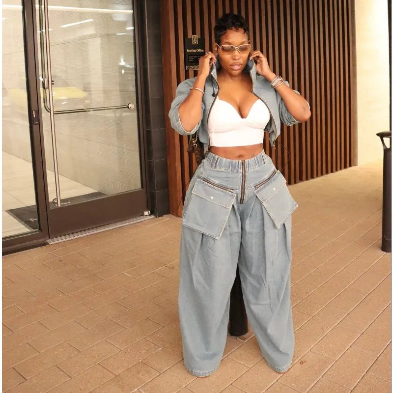 Casual Loose Denim Two Piece Set for Women Streetwear 2023 Autumn Zipper High Collar Crop Top Elastic Waist Wide Leg Cargo Pants