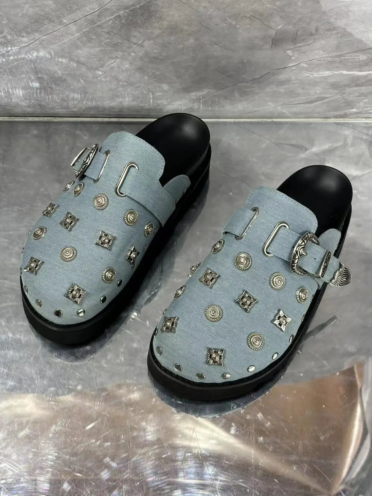High Quality Woman Rivet Slipper Shoes Comfortable Slip On Round Toe Female Blue Leather Buckle Decoration Mules Shoes