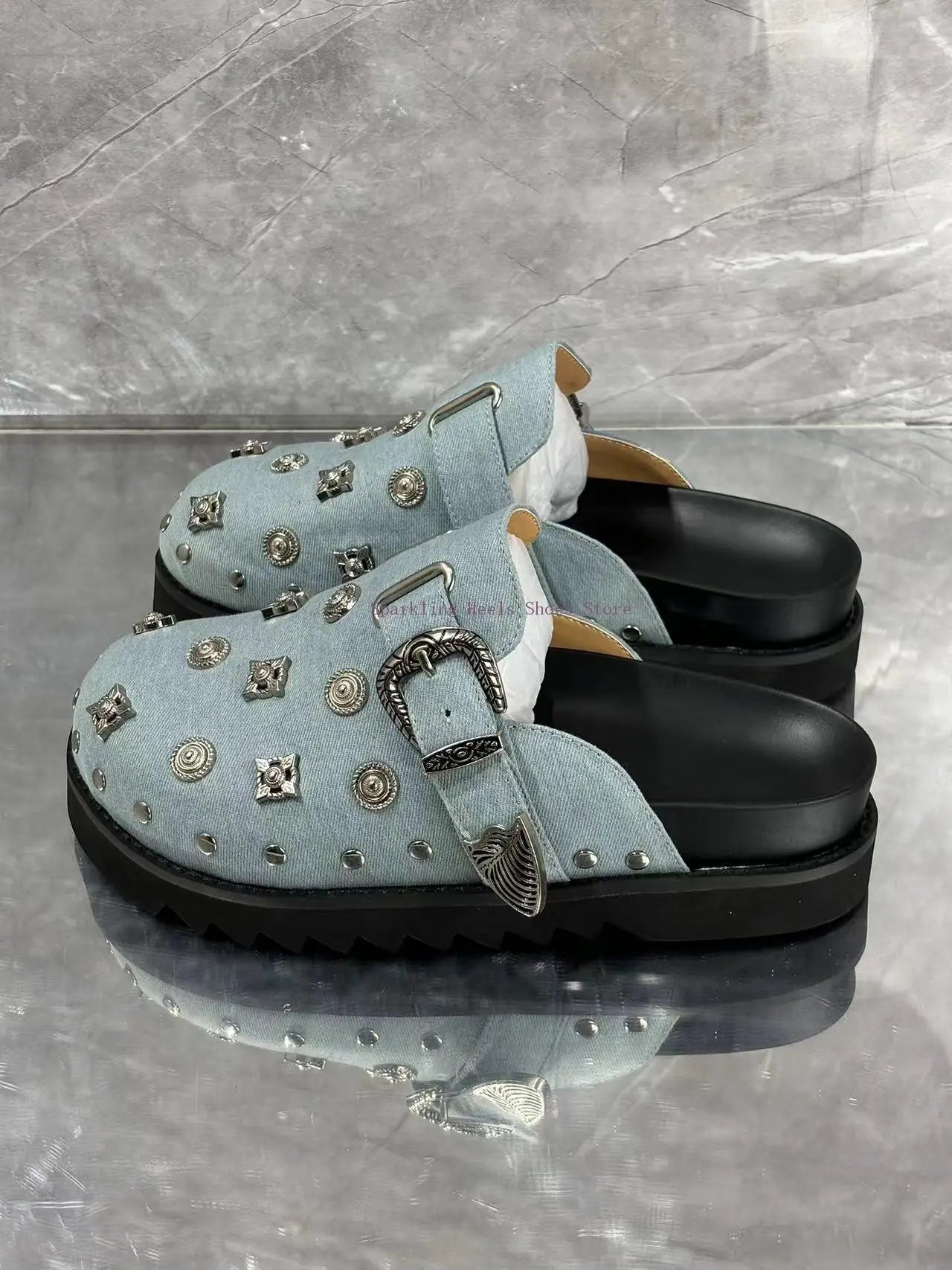 High Quality Woman Rivet Slipper Shoes Comfortable Slip On Round Toe Female Blue Leather Buckle Decoration Mules Shoes
