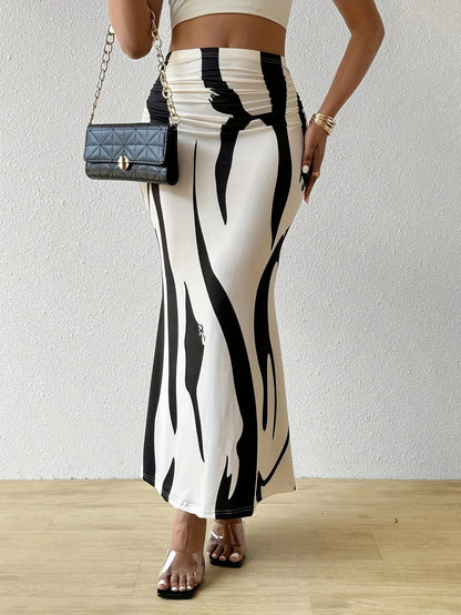 Long Skirts For Women Dressy Casual Graphic Zebra Print Pleated Skirts Spring New Fashion Elastic High Waist Geometry Streetwear