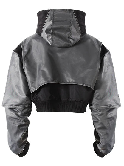 DEAT Fashion Women's Jackets Hooded Zipper Short Contrast Color Drawstring Deconstruction Coat Autumn 2025 New Tide 7AB4742