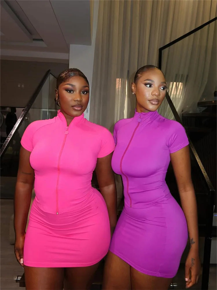 Weird Puss Casual Sporty 2 Piece Set Women Zip Cardigan Turtleneck Short Sleeve Tops+Skinny Mini Skirts Summer Trend Tracksuits