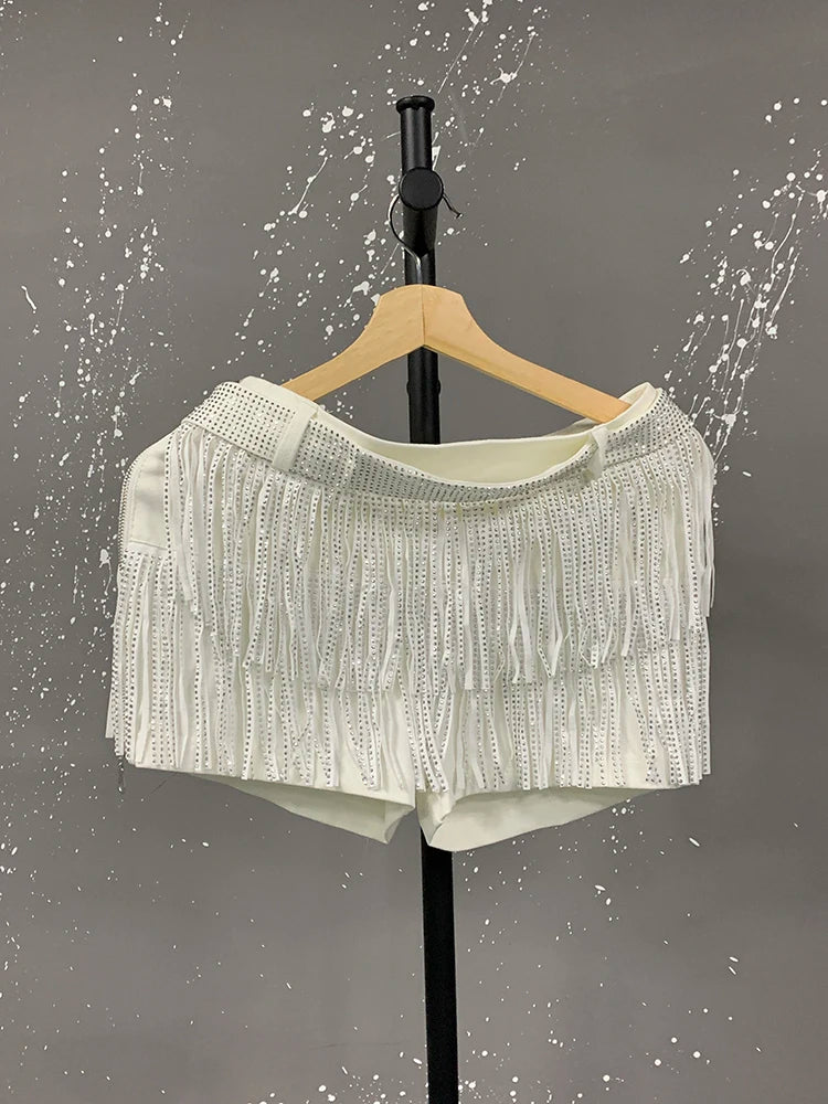 XFPV American Style Women's Shorts Summer Belt Gathered Waist Zipper Spliced Beading Tassel Shorts Female New Fashion 22D1803