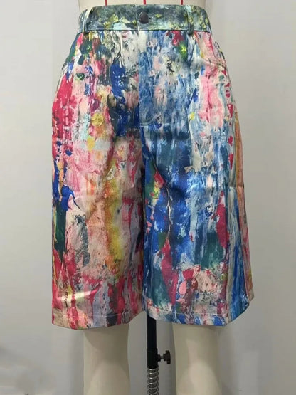 2025 Summer New Women's Pockets Graffiti Shorts Hot Casual Polyester Shorts Mid Waist Short Fashion Streetwear Short Pants