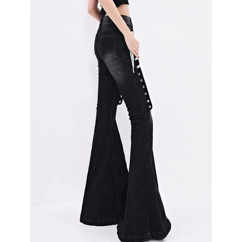 European White Y2k Lace Strap Micro Flared Jeans for Women Hot Girls Street Low Waist Slim Fit and Slimming Floor Length Pants