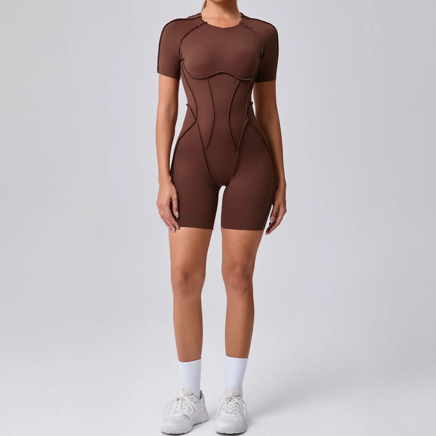 Customized LOGO women's three-dimensional aesthetic sports one-piece yoga clothes tight short-sleeved hollow back onesie