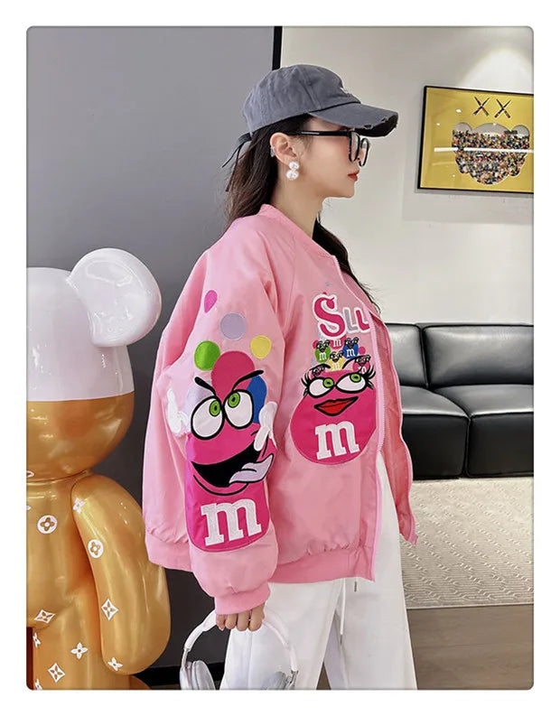 Cross-border Cartoon Embroidery Baseball Jacket For Men Women Casual Loose Fit Hip Hop Top Spring Autumn Letter Couple Jacket