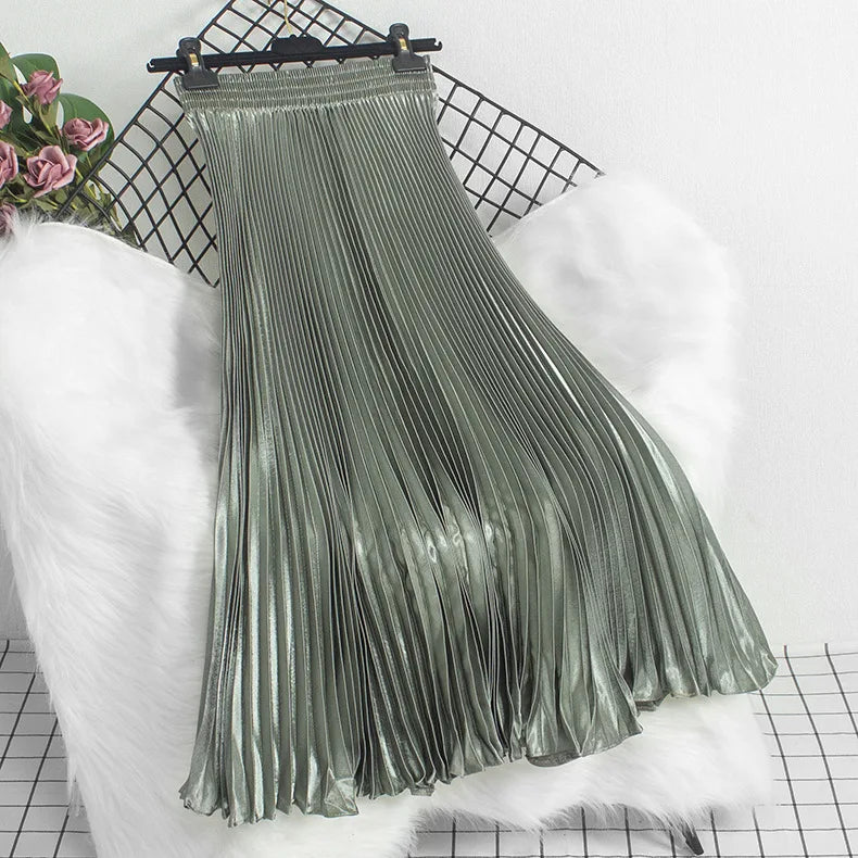 Women's Fashion Pleated Mermaid Long Skirt Korean Style Casual High Waist Satin Flowy Skirts Shiny 19 Colors 2024 Spring SK500