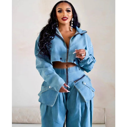 Casual Loose Denim Two Piece Set for Women Streetwear 2023 Autumn Zipper High Collar Crop Top Elastic Waist Wide Leg Cargo Pants