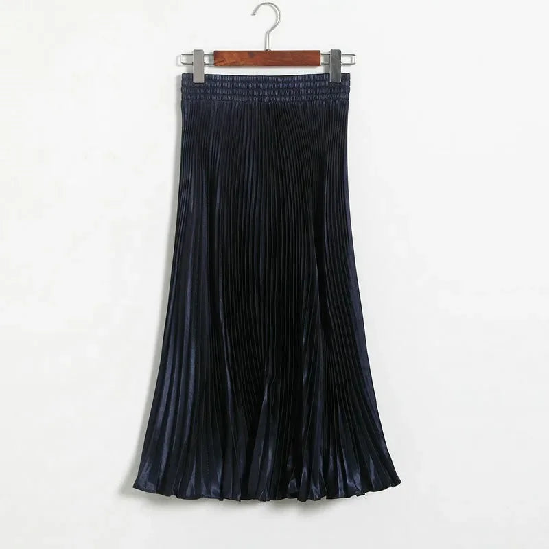 Women's Fashion Pleated Mermaid Long Skirt Korean Style Casual High Waist Satin Flowy Skirts Shiny 19 Colors 2024 Spring SK500