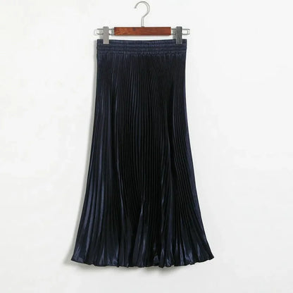 Women's Fashion Pleated Mermaid Long Skirt Korean Style Casual High Waist Satin Flowy Skirts Shiny 19 Colors 2024 Spring SK500
