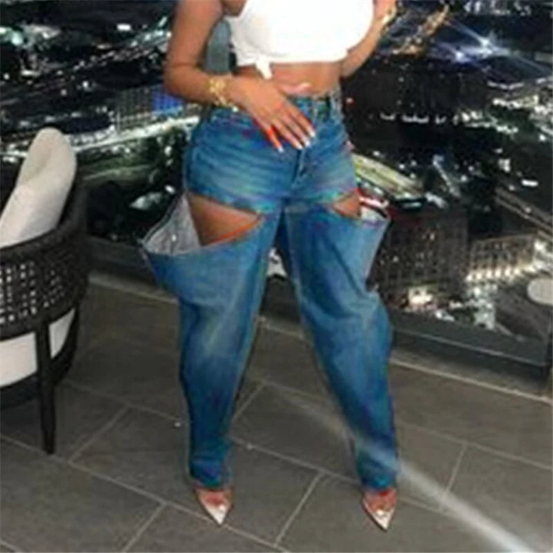 Simenual Fashion Streetwear Bottoms Punk Grunge Blue Hollow Out Loose Denim Pants Casual Y2K Rave Zip Cargo Trousers Indie Jeans