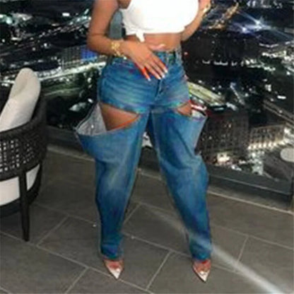 Simenual Fashion Streetwear Bottoms Punk Grunge Blue Hollow Out Loose Denim Pants Casual Y2K Rave Zip Cargo Trousers Indie Jeans
