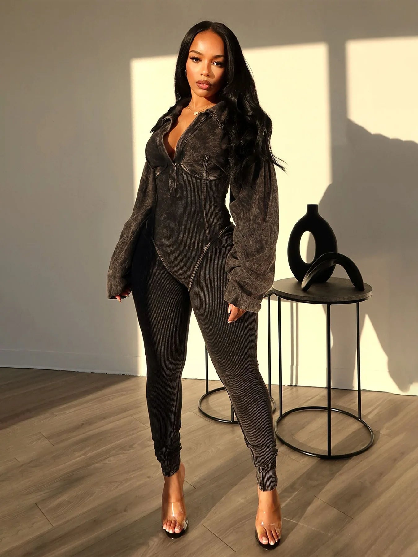 Women's Clothing 2025 Spring Summer New Fashion Bubble Sleeves Sexy Deep V Tight Waist Casual Long Sleeved Jumpsuit Pants