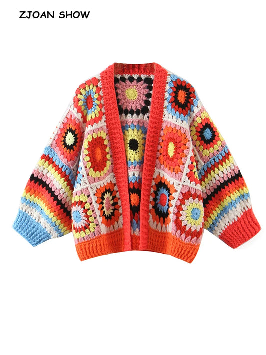 BOHO Geometric Plaid Hand Made Crochet Cardigan Woman V neck Long sleeve Sweater Open Stitching Knitwear Jumper Holiday