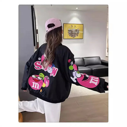 Cross-border Cartoon Embroidery Baseball Jacket For Men Women Casual Loose Fit Hip Hop Top Spring Autumn Letter Couple Jacket