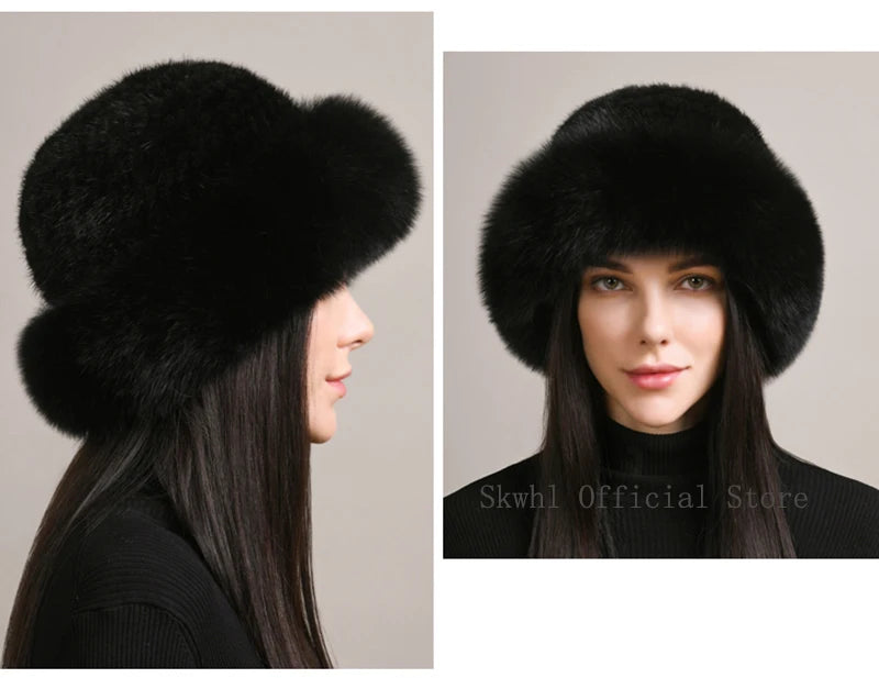 New Genuine Real Natural Knitted Mink Fur Hat Cap Luxury Women Handmade Knit Fashion Winter Headwear Warm Real Fox Fur Beanies