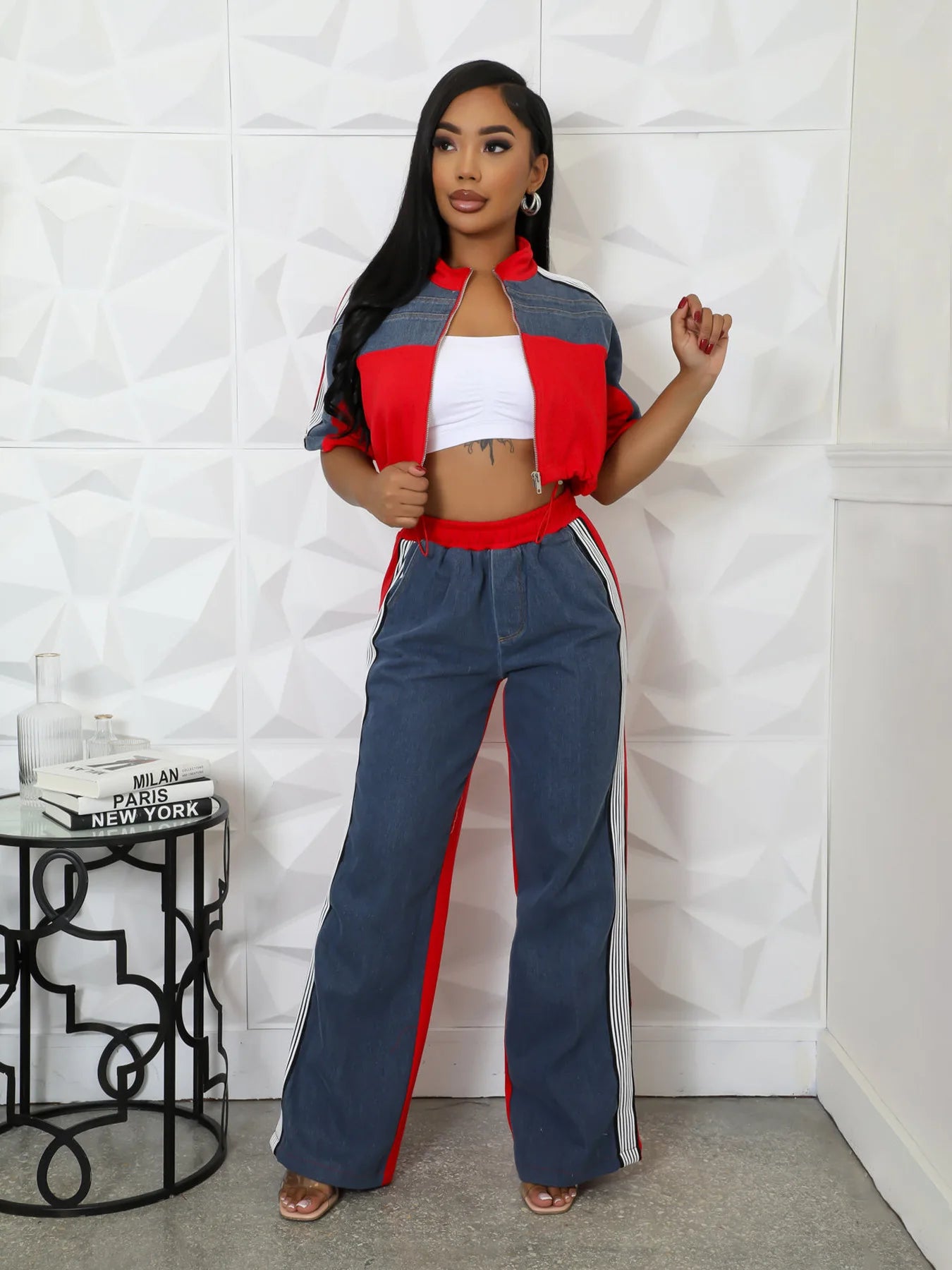 Pant Set Women Two Piece Sets Denim Matching Sets Jogger Tracksuit Matching Sets Zipper Tops Wide Leg Long Pants Elastic Waist