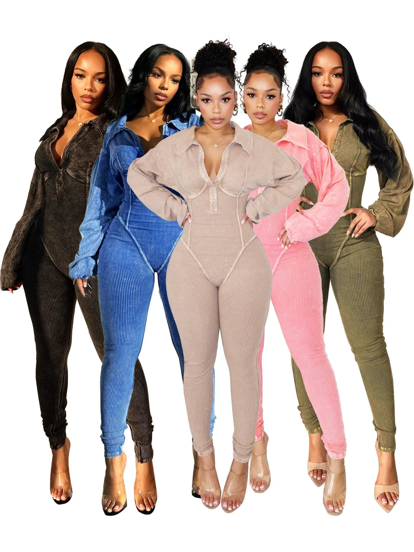 Women's Clothing 2025 Spring Summer New Fashion Bubble Sleeves Sexy Deep V Tight Waist Casual Long Sleeved Jumpsuit Pants