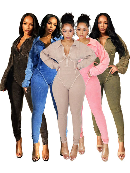 Women's Clothing 2025 Spring Summer New Fashion Bubble Sleeves Sexy Deep V Tight Waist Casual Long Sleeved Jumpsuit Pants