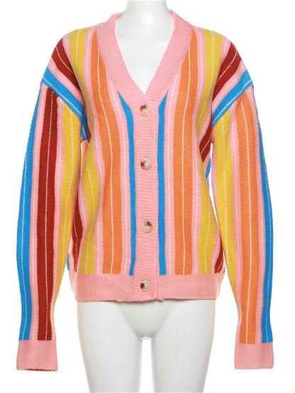 Whatiwear Colorful Striped Sweater Woman Y2K Trend Single-Breasted Long Sleeve Street Hipster Wild Loose Classic Cardigan Coats
