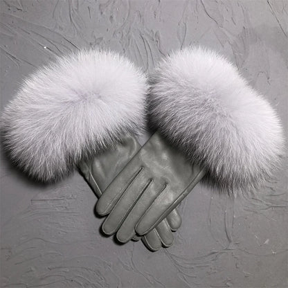 Jxwatcher Wholesale Fox Fur Gloves Winter Female Luxury Style Warm Sheepskin Genuine Leather Gloves Driving Thickening Mitten