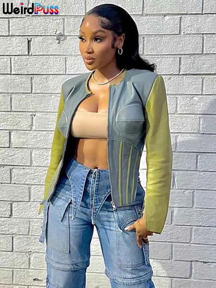 Weird Puss Hipster Patchwork Jacket Women Y2K Faux Leather Irregular Backless Zip Stripe Wild Basic Streetwear Autumn Trend Coat