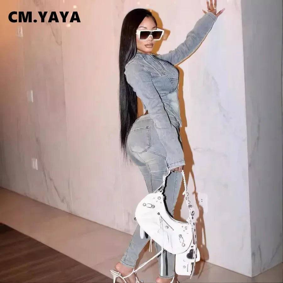 CM.YAYA Fashion Denim Women's Set Full Sleeve V-neck Jacket +Jeans Pants 2024 Fall Streetwear Two 2 Piece Sets Outfit Tracksuit