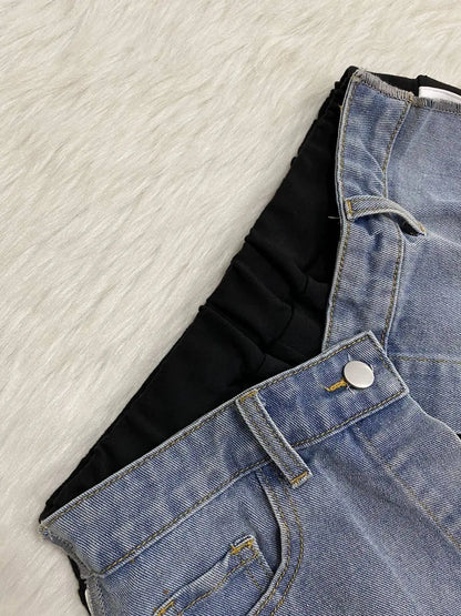 CM.YAYA Fashion Women Denim Patchwork Pocket Side Wide Leg Loose Jogger Pants 2024 Active Jean Splicing Sweatpants Trousers