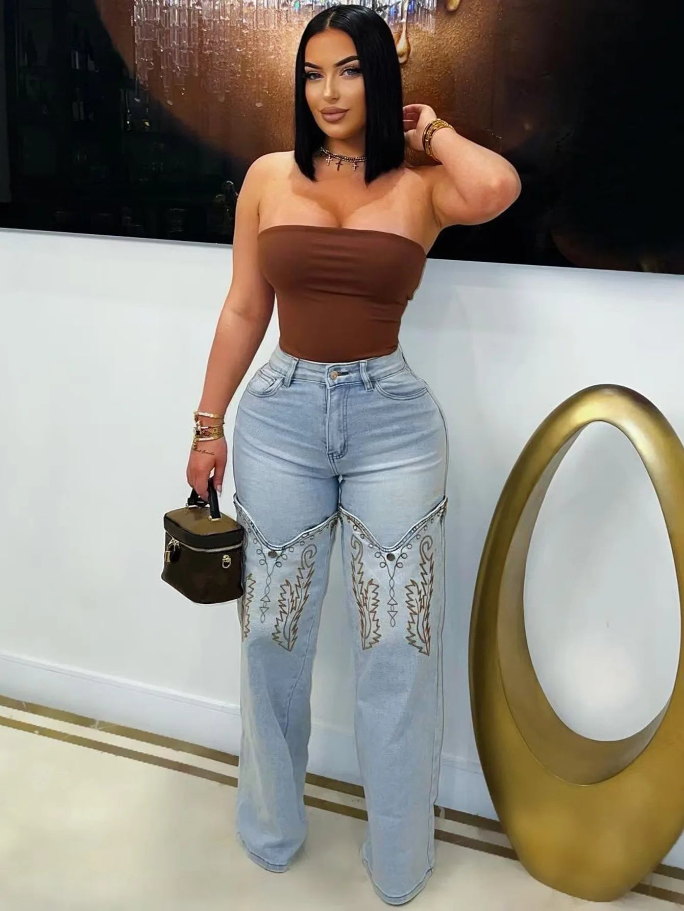 FAGADOER Y2k Fashion Embroidery Denim Straight Leg Pants Women 2025 Summer New Retro Washed Jeans Straight Trousers Streetwear