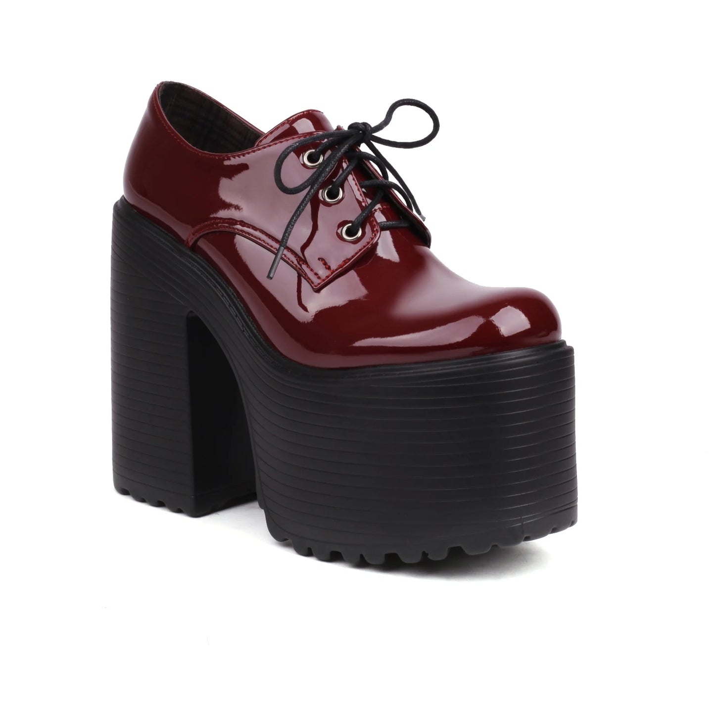 Ultra High Waterproof Platform Shiny Patent Leather Lace Up Women's Pumps Breathable Lining Thick Heels Punk Trendy High Heels