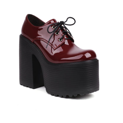 Ultra High Waterproof Platform Shiny Patent Leather Lace Up Women's Pumps Breathable Lining Thick Heels Punk Trendy High Heels
