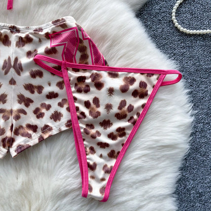 SINGREINY Leopard Bikini Hotsweet Three Piece Set Halter Bra+Slim Shorts+Mini Briefs 2024 Women Lace-Up Backless Sexy Suits