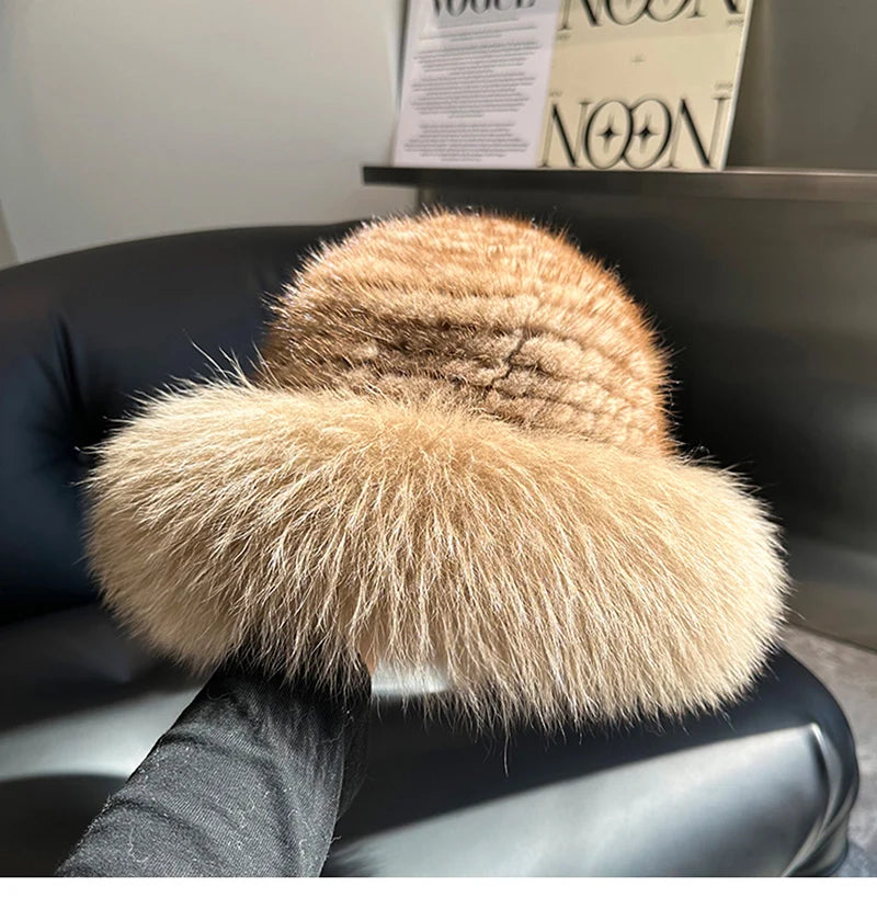 New Genuine Real Natural Knitted Mink Fur Hat Cap Luxury Women Handmade Knit Fashion Winter Headwear Warm Real Fox Fur Beanies