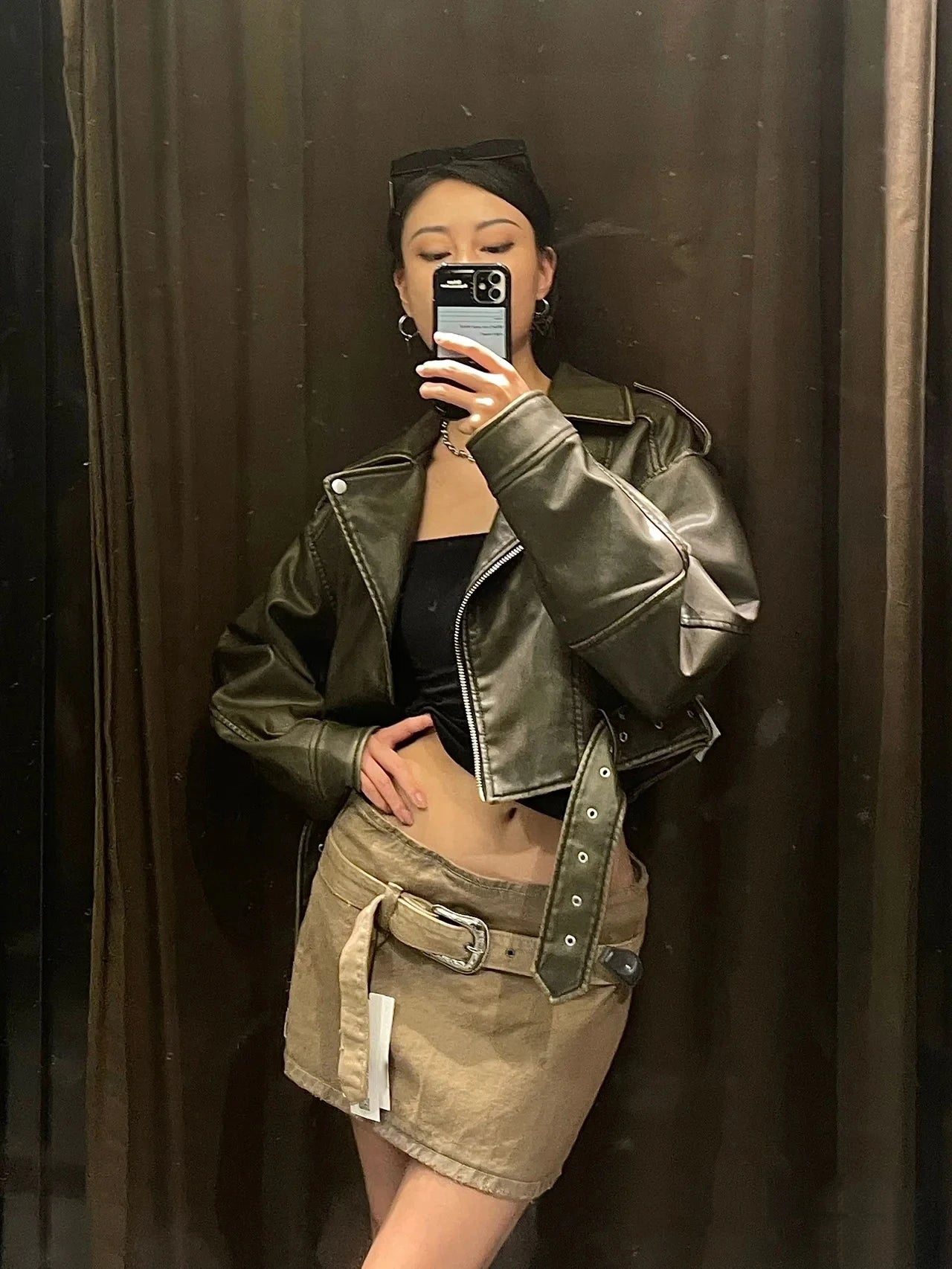 RARF Women's new vintage wash to do old short lapel long sleeve loose pu imitation leather jacket coat