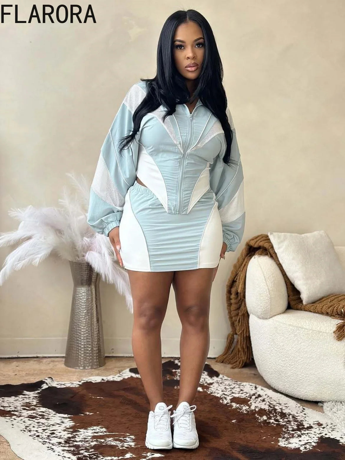 FLARORA Fashion Patchwork 2Pcs Sets Woman Long Sleeve Zipper Irregular Crop Jacket And Skinny Mini Skirts Streetwear Outfits New