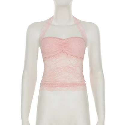 Cuteandpsycho Sexy Lace Patchwork Y2K Camisoles Backless Transparent Slim Outfits Party 90s Vintage Clubwear Halter Neck Tops