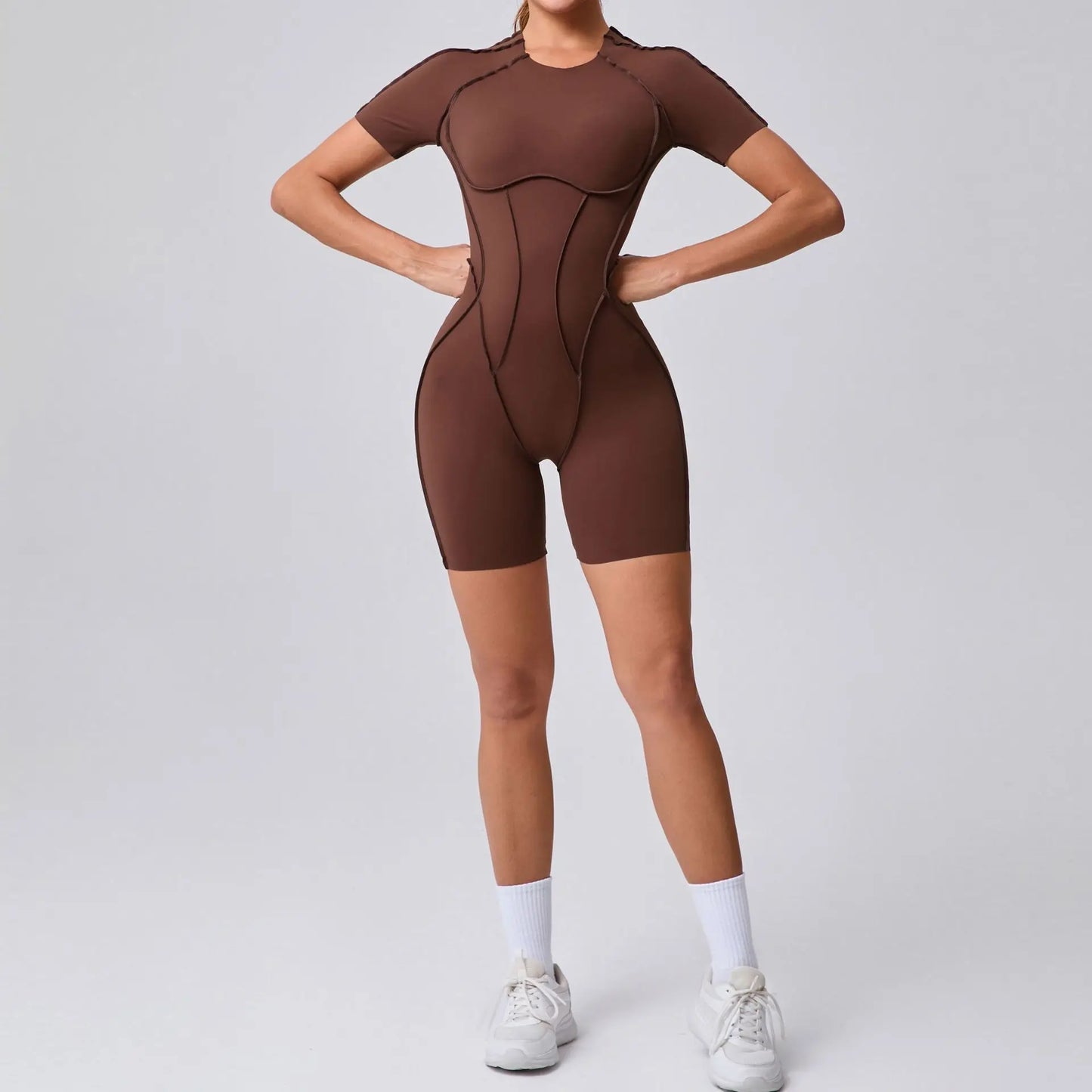 Customized LOGO women's three-dimensional aesthetic sports one-piece yoga clothes tight short-sleeved hollow back onesie